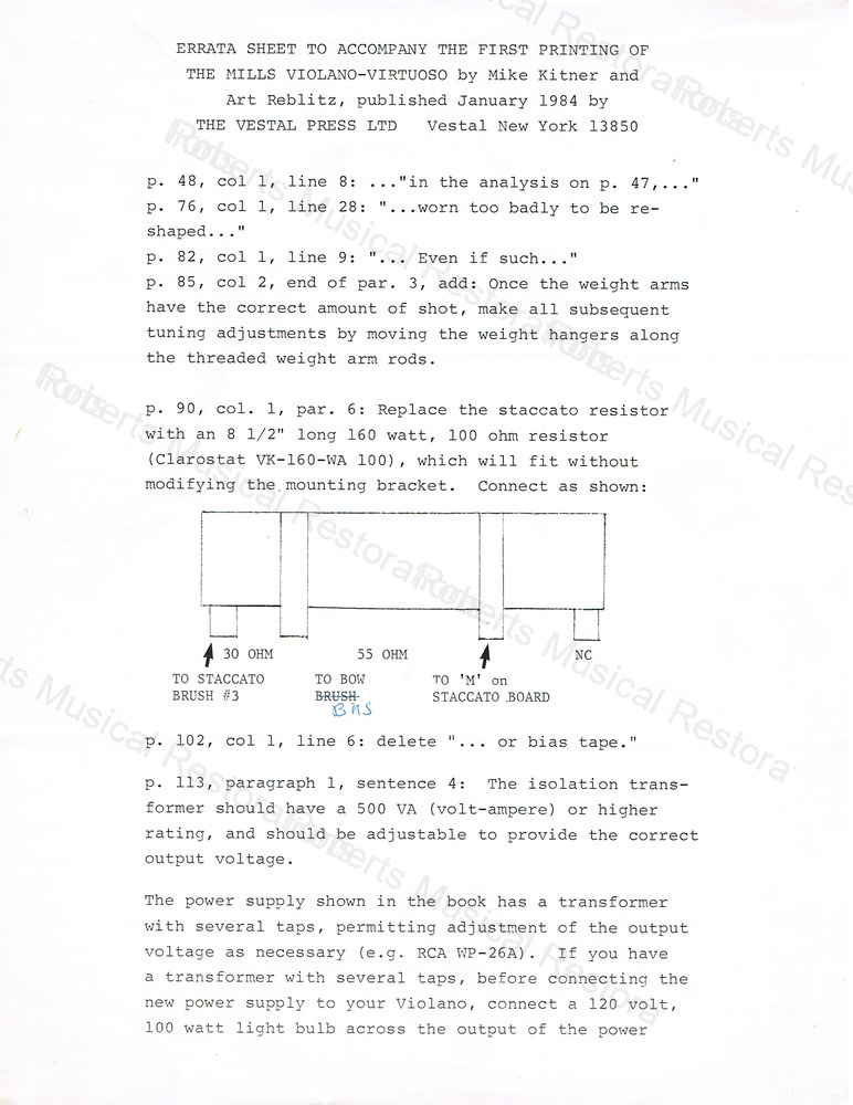 Mills Violano power supply and electrical restoration documentation preview